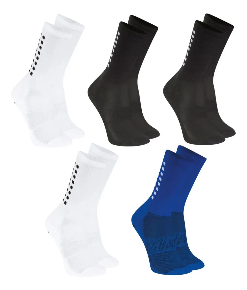 Kit 5 Meias Antiderrapante Futebol Academia Meia Masculina Branco/preto/azul Liso 38ao43