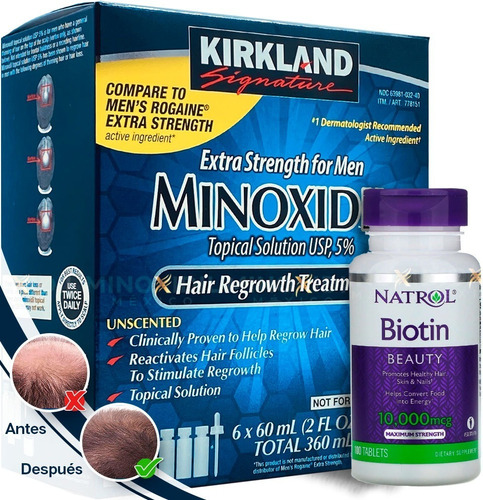 Imagen 1 de 5 de Minoxidil 5% + Biotina Natrol 10,000 Mcg 100 Tabs