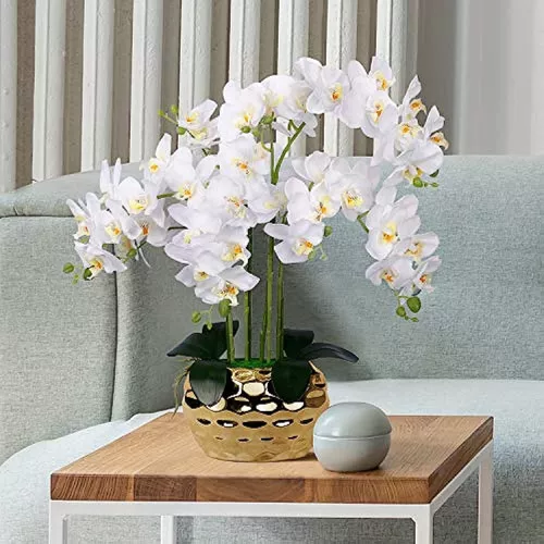 LIVILAN Plantas de orquídeas artificiales, flores artificiales para  decoración, flores falsas en jarrón plateado, decoración de plantas de  orquídea