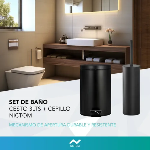 Set Tachos De Basura 3 Lts Y Escobilla Baño Negro Cesto
