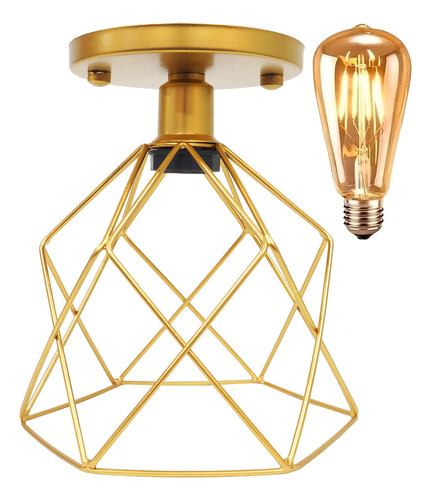 Lámpara LED industrial tipo candelabro Plafon Aramado, copa retro, color dorado