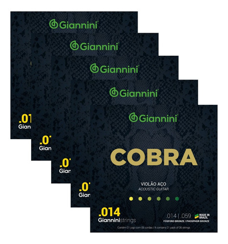 Kit 5 Encordoamento Violão Giannini Aço Cobra Geeflsxf 014