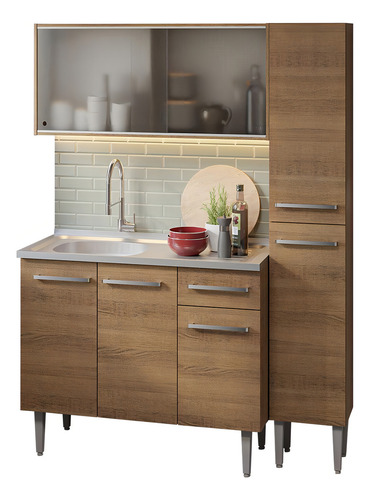 Armário Cozinha Compacta 137cm Com Pia Emilly Madesa R 07 Cor Rustic