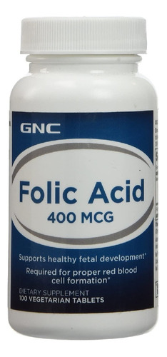 Ácido Fólico 400 Mcg Gnc 100 Tabletas Vegetales Sabor Neutro