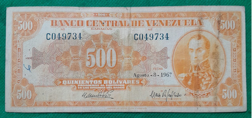 Billete De 500 Bolivares Venezuela, Año 1967, Canario