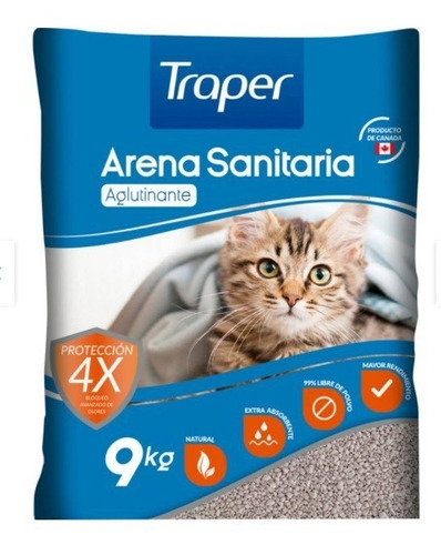 Arena Sanitaria Gatos Traper 9 Kilos (amonio, Fecas,orina) 