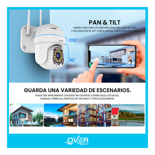 Camara De Seguridad Overtech Wifi Ov-64ptz 4mp Wifi Domo Inteligente IP, Visión nocturna infrarroja color, Detección y alerta de movimiento, Función PTZ, Alarma de luz y sonora por emergencias