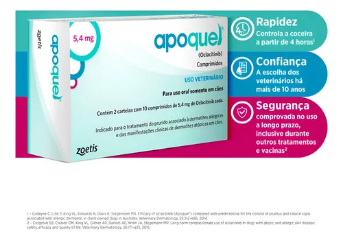 Apoquel Zoetis 5,4mg 20 Comprimidos Tratamento Coceira Cães