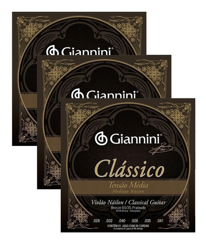 Kit 3 Encordoamento Para Violao Classico Giannini Media 