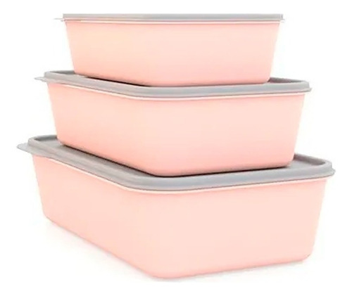 Conjunto 3 Potes Para Alimentos Multiuso Com Tampa Diamond Cor Rosa