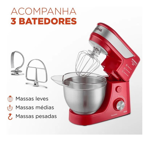 Batedeira Planetária Premium Inox Bp-02p-r-ti Mondial Cor Vermelho/inox Vermelho