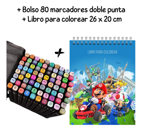 Pack 80 Marcadores 2puntas + Libro Para Colorear Mario Bros