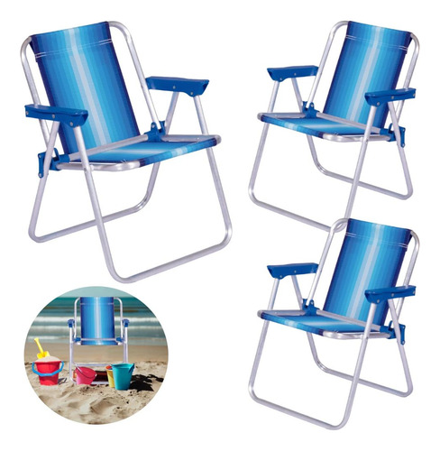 3 Cadeiras De Praia Infantil Mor Dobravel Em Aluminio Azul