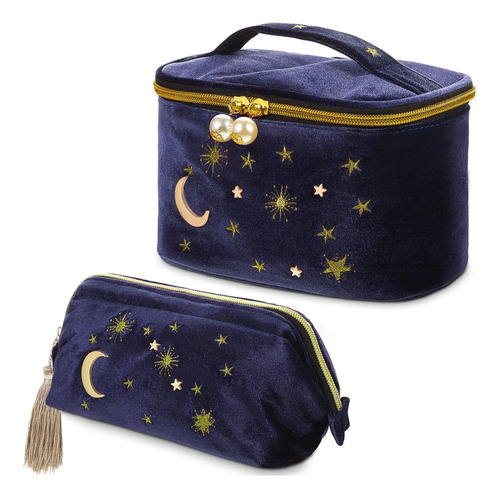 2 Bolsas De Maquillaje De Terciopelo Azul Marino, Luna, Est.