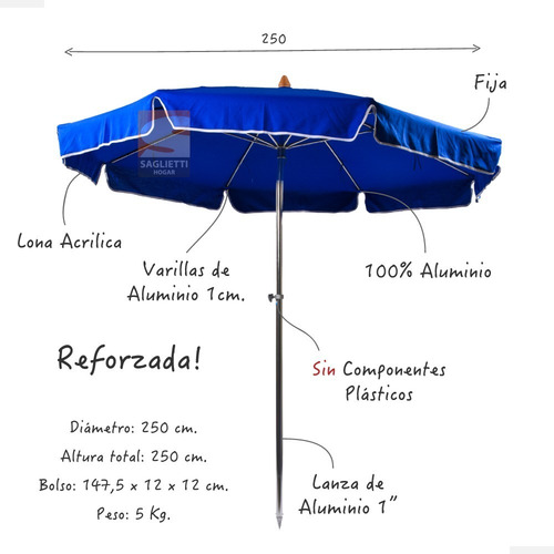 Imagen 5 de 8 de Sombrilla Super Reforzada 2,5 Metos Lona Aluminio Alumel