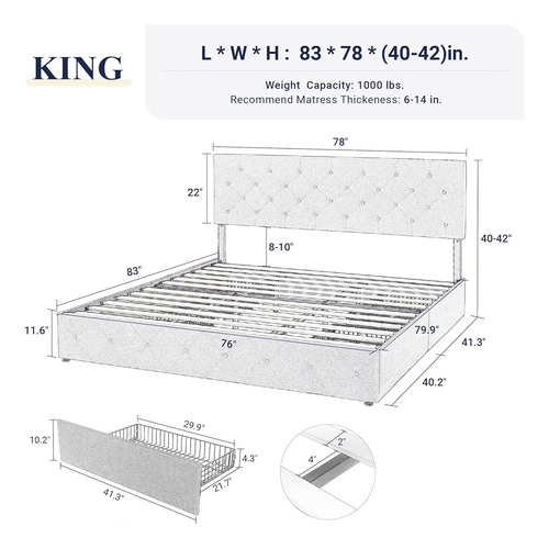 Base De Cama King Size Allewie C/ 4 Cajones Moderna Blanca