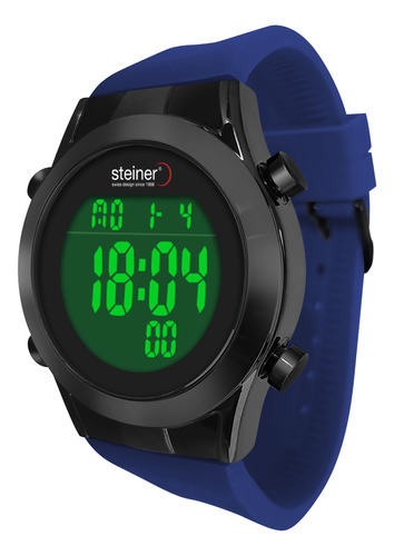 Reloj Para Hombre Digital Steiner 45mm Alarma Y Cronometro Correa Azul Bisel Negro Fondo Negro