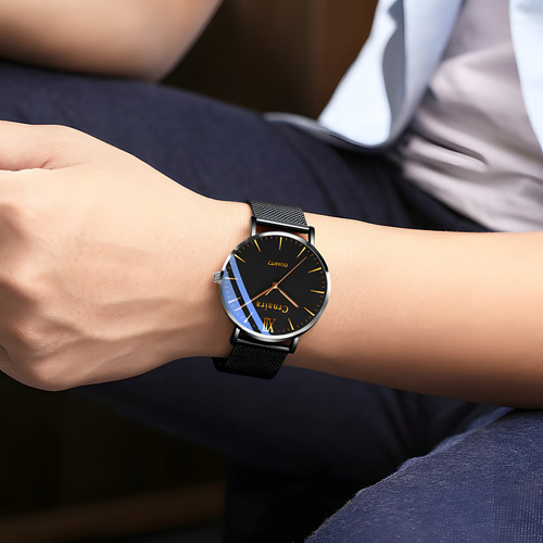Reloj Hombre De Cuarzo Casual Simplicidad Negro Correa Malla