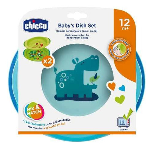 Kit Prato Raso E Fundo 12m+ Azul Menino Chicco 160022 Personagem Hipopótamo