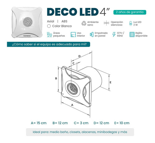 Imagen 3 de 5 de Extractor 4'' Con Luz Led Decorativo Blanco Masterfan Deco 4