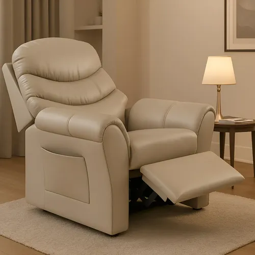 Poltrona Cadeira Do Papai Com Encosto Macio Reclinável E Retrátil Revestido Em Corino Para Sala De Descanso E Amamentação Cor Bege