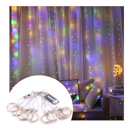 Cortinas decorativas Luces serie 300 LED USB de 3 x 3 m, 2 piezas, luces multicolores