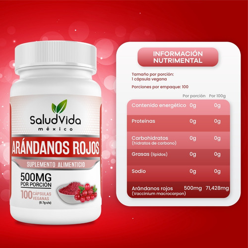 Imagen 2 de 3 de Arándano 100 Cápsulas 500mg Saludvida México