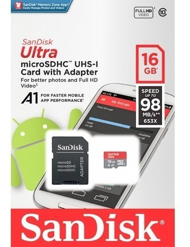 Memoria Sandisk Micro Sd 16gb 80 Mbs Clase 10 Garantia 1 Año