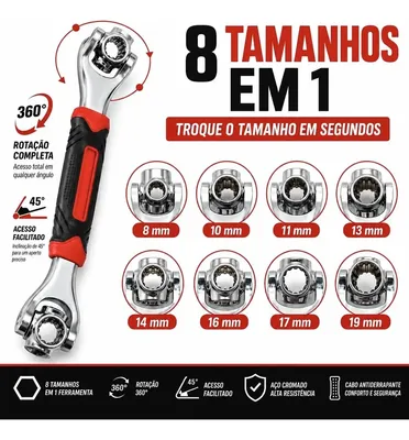 Chave Ajustável Universal 8 Em 1 Aço Carbono Rotativa 360° Vermelho