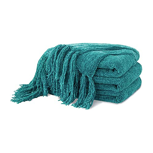 Teal Chenille Throw Blanket For Couch, Super Soft Fluff...