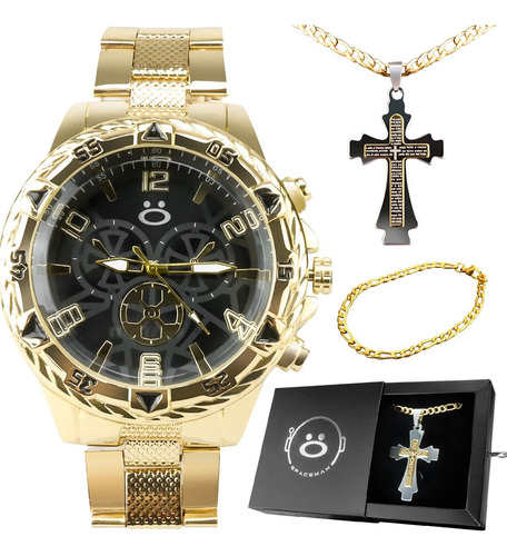 Relógio Masculino Aço Banhado + Pulseira + Cordão Crucifixo