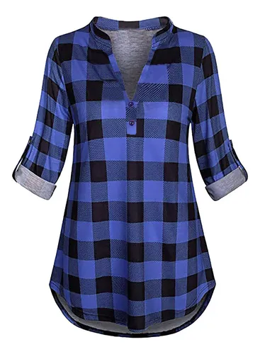 Blusa cuadros azul mujer sale