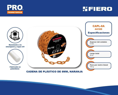 Cadena Plastica 8 Mm X 25 Mt Naranja Fiero 44185 Color Naranja claro