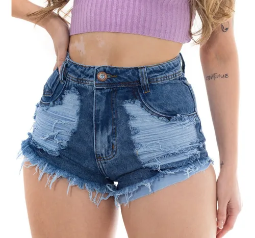 Short Hot Pants Jeans Feminino Desfiado Cintura Alta Moda