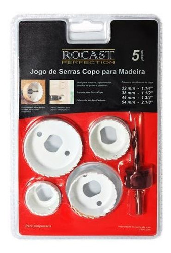 Jogo Serra Copo Madeira 32 A 54mm 5 Peças C/ Guia Rocast