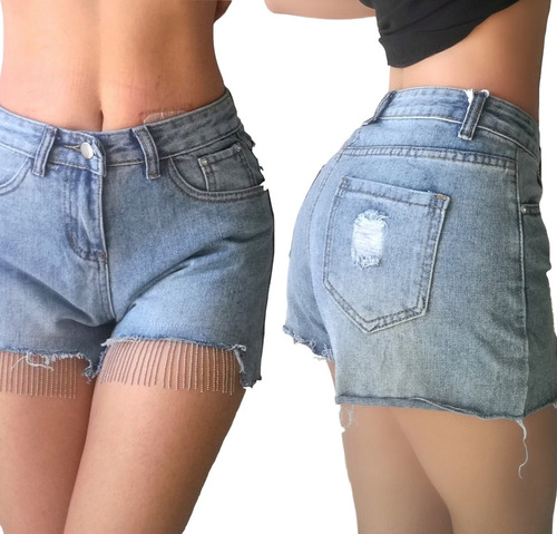 Short Jean Roto Tiro Alto Flecos Metalico Ajustado Mujer 