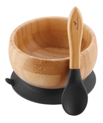 Tigela Bambu Com Ventosa E Colher Preta - Avanchy