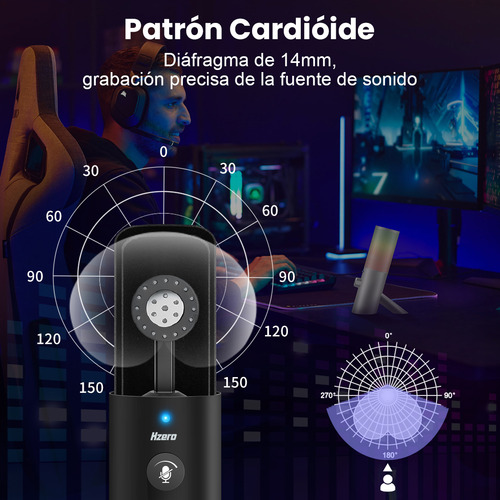 Microfono Usb Condensador Negro Con Botón De Silencio Ajuste De Volumen Modo De Reducción De Ruido Rgb Patrón Cardioide 192khz 24bit Para Podcast Gamer Grabación De Música Pc Ps4 Ps5 Hzero