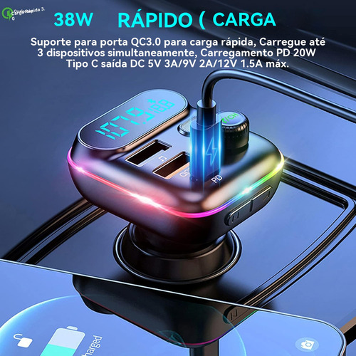 Transmissor Fm Bluetooth 5.1 Carregador Veicular Usb Microsd