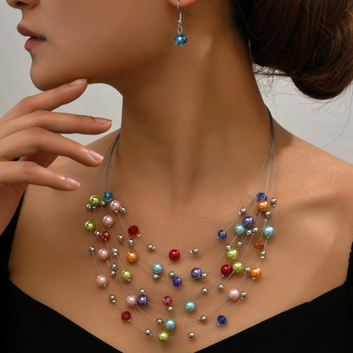 Collar Dije Perlas De Colores Elegante Regalo Para Damas