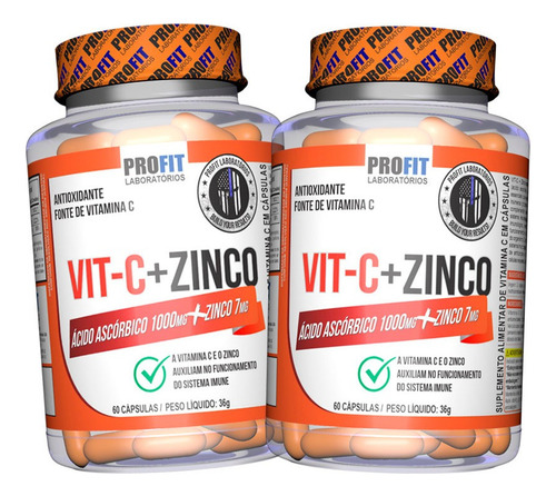 Kit 2x Vitamina C 1000mg Vit C + Zinco 60 Cápsulas - Profit Sabor Sem Sabor