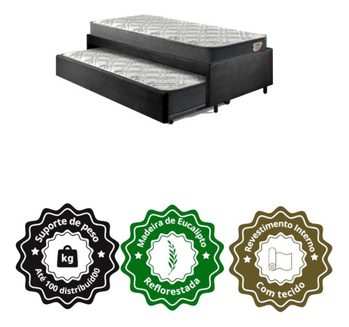Bicama Box Viúva Suede Preto Com 2 Colchões Adapto Ecoflex