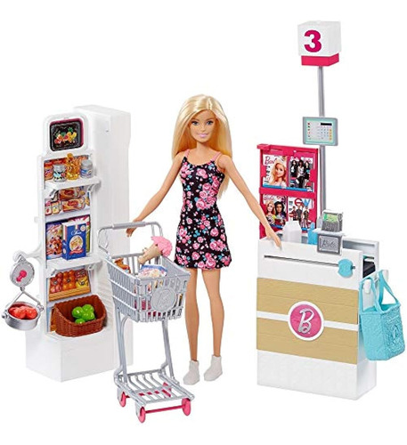 Muñeca Barbie, Rubia Y Tienda De Comestibles Con Carro Rodan