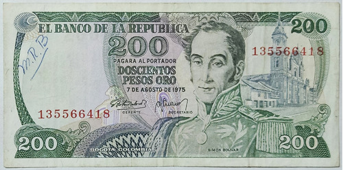 Billete 200 Pesos 07/ago/1975 9 Digitos Colombia Xf 