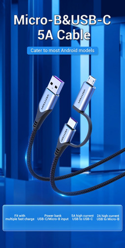 Cable Vention 2 En 1 - Usb A Usb C + Micro Usb B - Carga Rapida 5a - 1 Metro Aluminio Y Trenzado - Negro - Cargador Y Datos 480 Mbps - Para Pc Notebook Macbook Celular Tablet Auriculares - Cqfhf