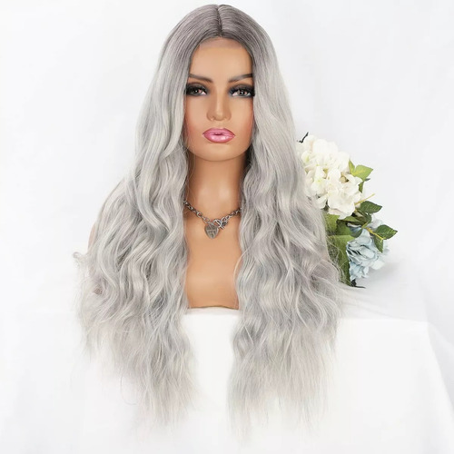 Peluca Larga De Mujer Color Gris Degradado Pelo Ola Natural