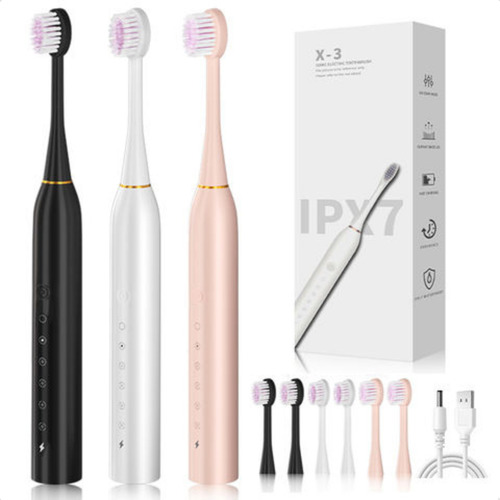 Escova De Dentes Elétrica Recarregável 6 Funções 3 Refil Usb Cor Rosa 127/220V
