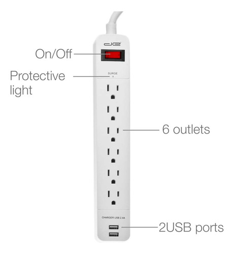 Regleta De Enchufes Con 6 Tomas De Corriente + 2 Puertos Usb