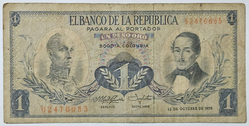 Billete 1 Peso 12/oct/1959 Colombia Fine
