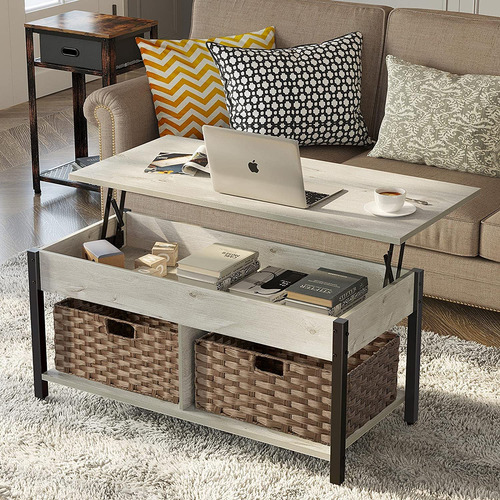 Mesa De Centro Con Almacenamiento Y Cestas De Ratán Gris